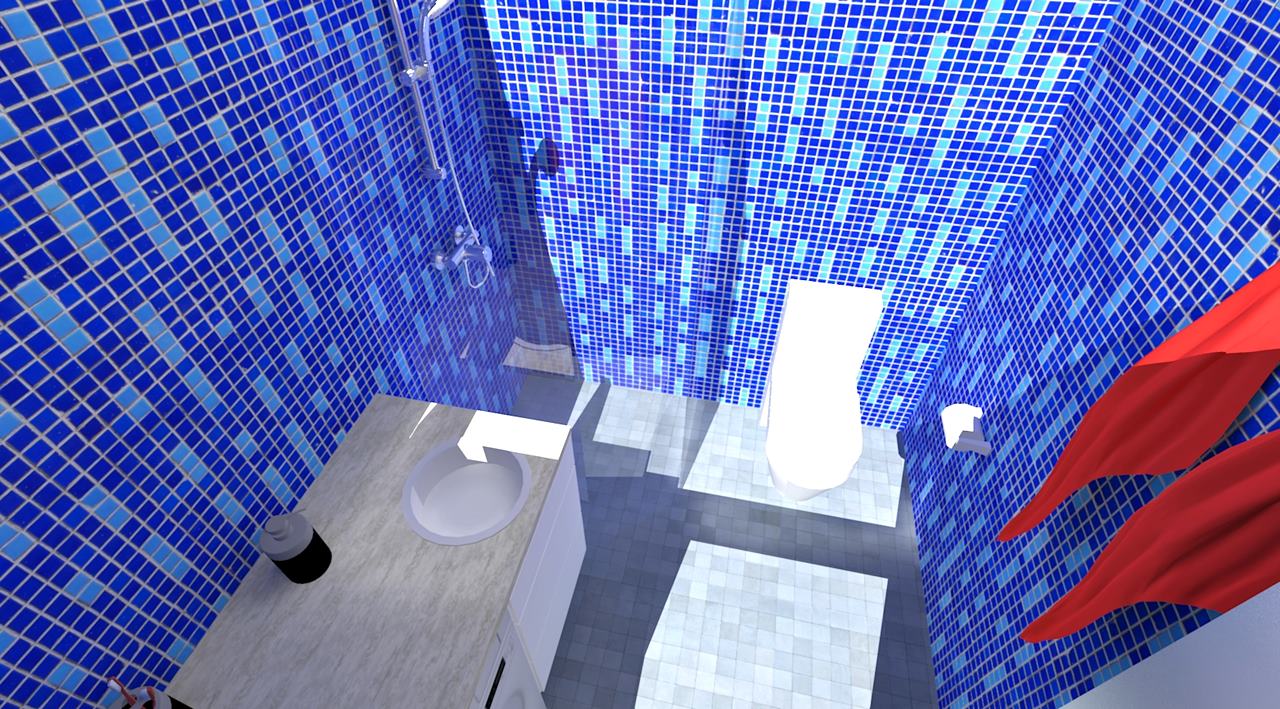 Raikkaan sininen kylpyhuone, pesukone, allas, suihku, wc